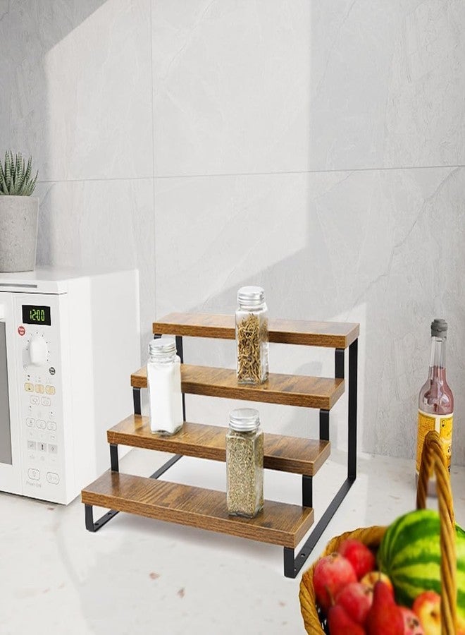 NEETBU 4-Tier Wooden Display Riser Shelf Stand for, Makeup, Cupcake, Condiment & Dolls Collection Home Decor Organizer, Expandable for Pantry/Counter (Brown, 4-Tier) - Image 5